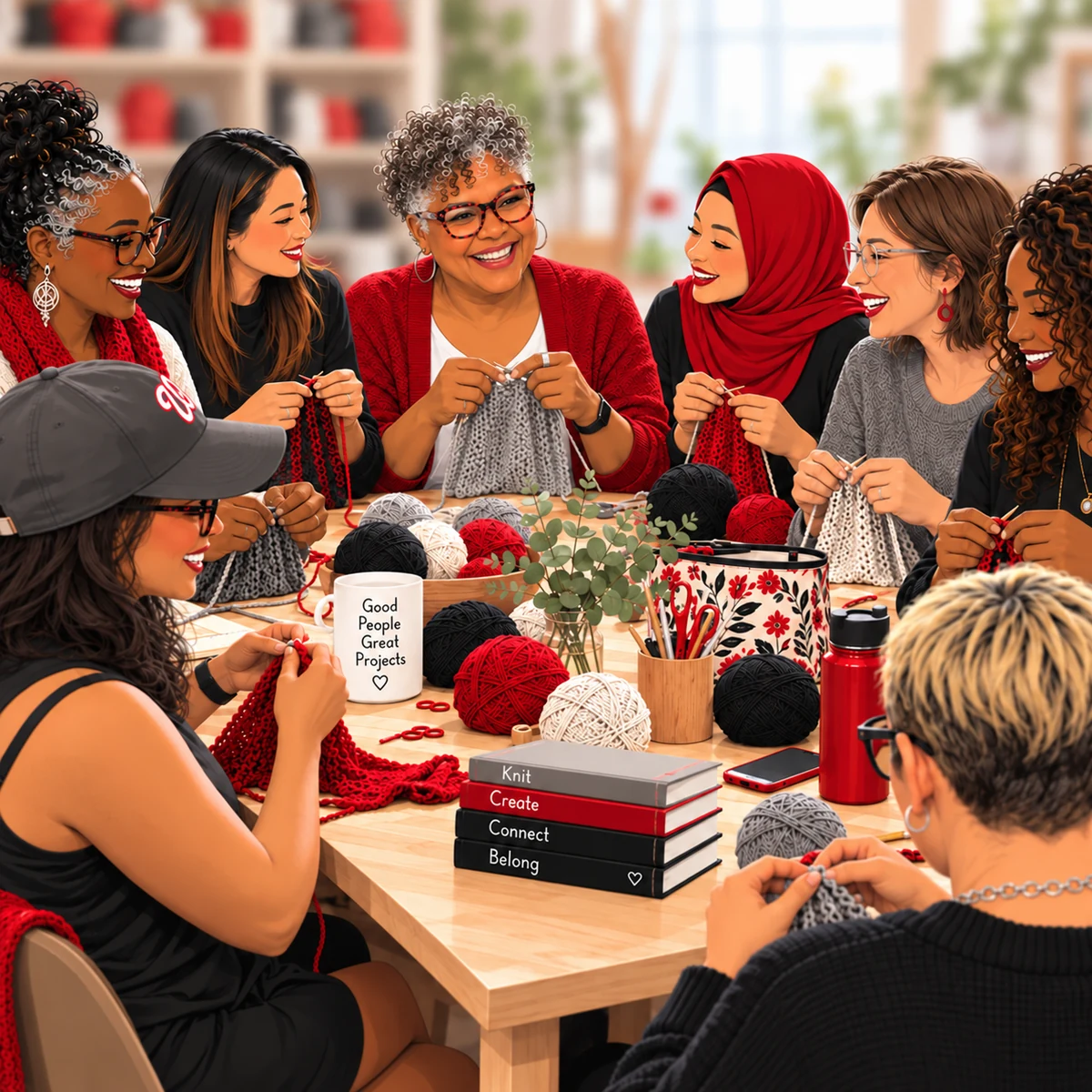 Illustration of Rachel and a diverse group learning together around a knitting table