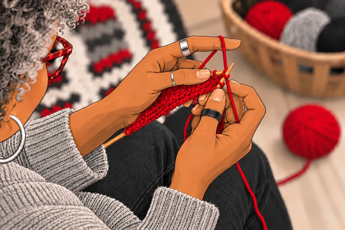 Over-the-shoulder illustration of Rachel knitting red yarn with wooden needles