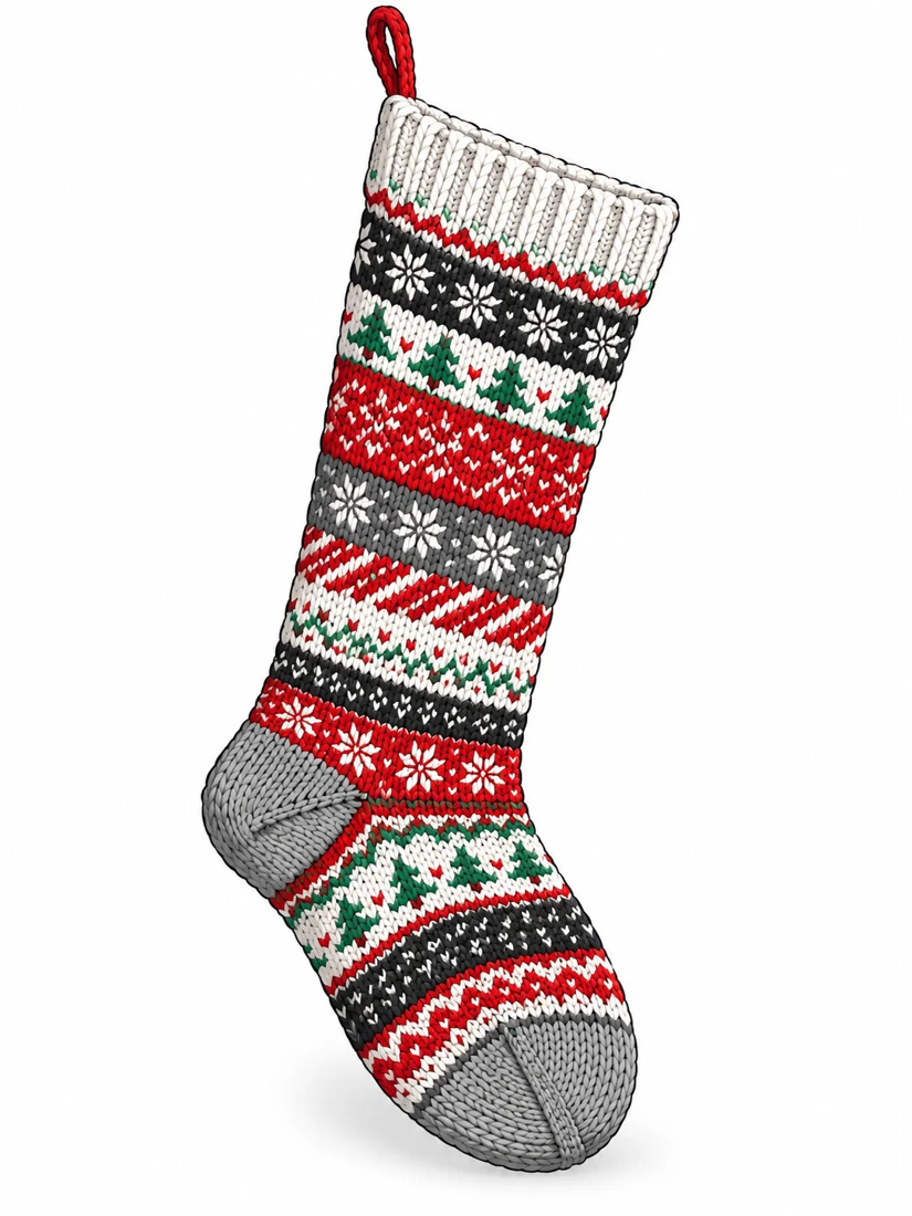Illustrated holiday stocking in red, gray, white, black and green