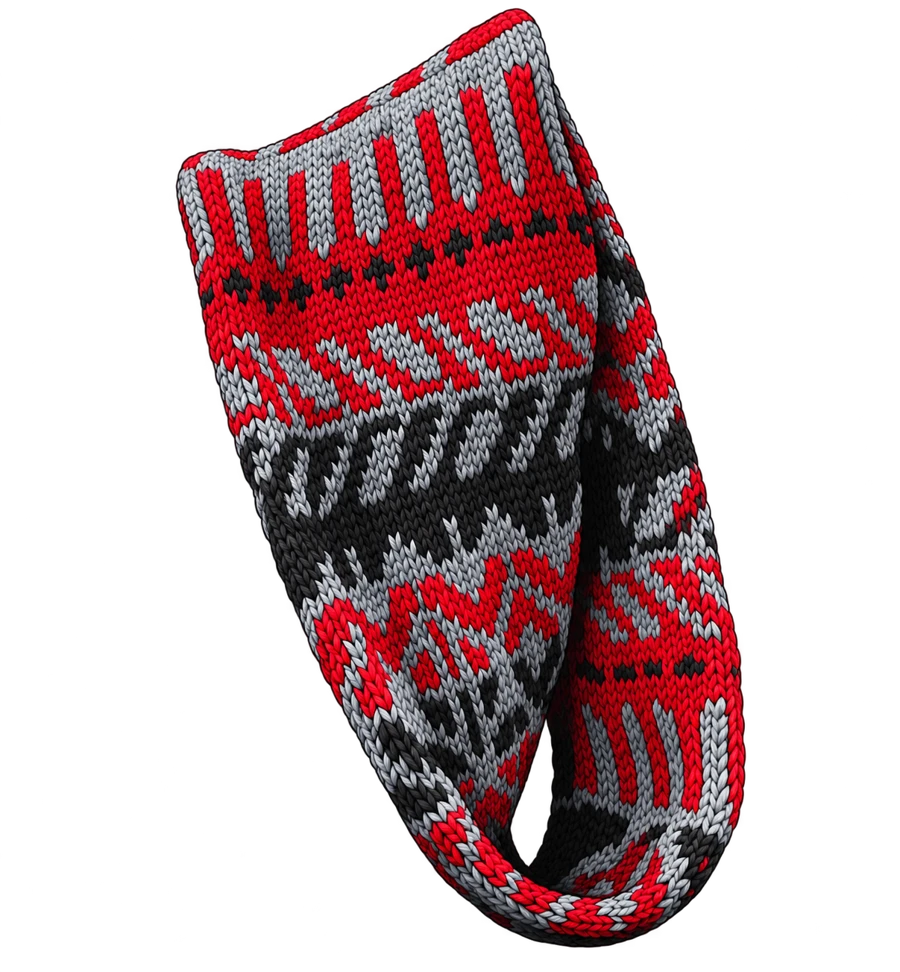 Illustrated Kiitos Cowl in red, gray, black and white