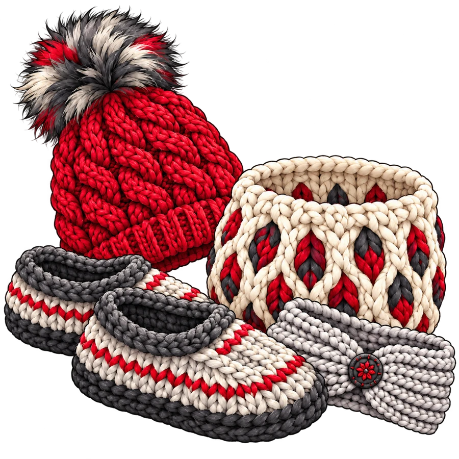 Knitted hat, basket, slippers and headband in the Knit Doctor colors