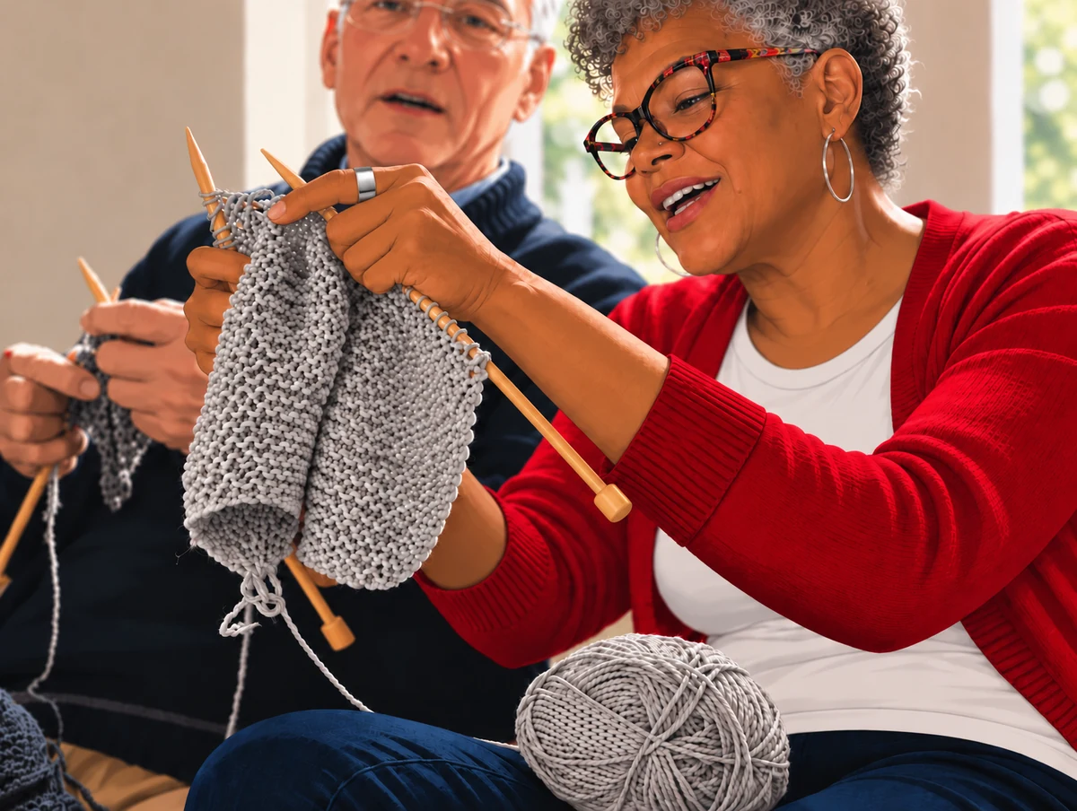 Illustration of Rachel giving an older gentleman an individual knitting lesson